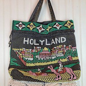Vintage Beaded Israel "Holy Land" Multicolored Drawstring Satchel Tote